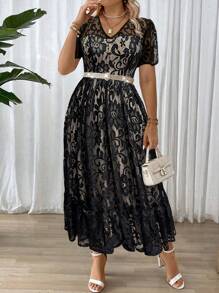 DreamSkyne Plus Size Elegant Lace Dress, Summer Maxi Women Outfit - Black - View 6