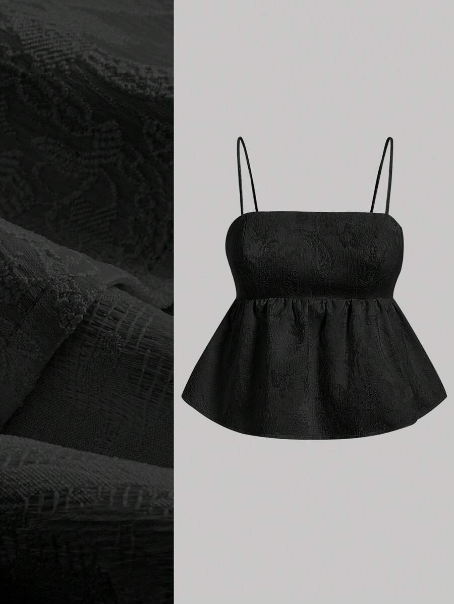 SHEIN MOD 大尺碼女士細肩帶上衣,帶荷葉邊和幾何圖案 - 黑色 - 查看 1