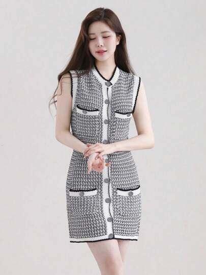 Women's Elegant Front Button Sleeveless Fitted Short Knitted Dress, Summer Women Sweater Dresses Plaid