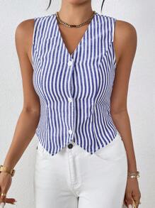 SHEIN Frenchy Camisa casual sin mangas de algodón con rayas, chaleco blazer con botones por delante, conjunto de mujer con efecto invertido para otoño, ropa de regreso a la escuela, ropa de maestra, blusa abotonada, chaleco para el trayecto, top minimalista, blusa de oficina, blazer old money, simple