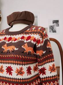 Flirla Suéter de punto con cuello redondo con estampado de zorro y hojas, talla grande, para otoño e invierno