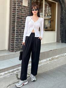 DAZY 女士纯色立领修身长袖T恤，秋季服装 - 白色 - 查看 9
