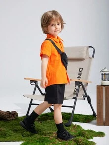 SHEIN 3 chiếc Áo sơ mi cổ bẻ tay ngắn thoải mái, thời trang, đơn giản, thiết thực, đa năng, thoáng khí, ngắn tay, quần short đen có túi tiện ích và bộ túi đeo chéo, thích hợp mặc hàng ngày, đi học, du lịch, thể thao, xuân hè - trái cam - Xem 2