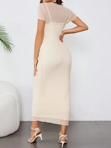 SHEIN 孕妇圆领紧身中长连衣裙 - 杏色 - 查看 2