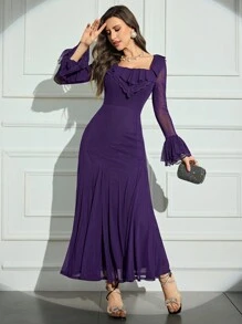 Modelyn Women's Solid Color Square Neck Ruffled Mesh Contrast Elegant Long Sleeve Dress Long Evening Dresses - Purple - View 5