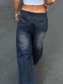 Streetwear Sexy Low Rise Loose Ripped Straight Jeans For Women Casual Denim Pants Cowgirl - Dark Wash - View 2