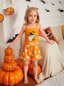 SHEIN Young Girl Summer Halloween Theme Cartoon Print Camisole Top And Ruffle Hem Shorts 2Pcs Knitted Sleepwear Set,Orange Family Matching Mommy And Me - Orange - View 4