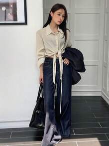 DAZY Loose Solid Color Long Sleeve Lapel Tie Front Women Blouse,Fall Clothes - Apricot - View 3