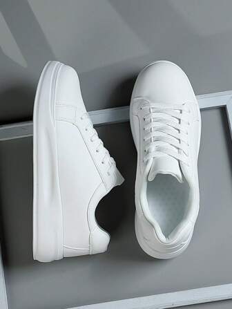 Men's Round Toe Lace-Up Sports Shoes, White PU Leather Upper, Soft Sole, Low Vamp Sneakers For Spring And Autumn