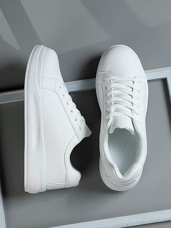 Men's Round Toe Lace-Up Sports Shoes, White PU Leather Upper, Soft Sole, Low Vamp Sneakers For Spring And Autumn