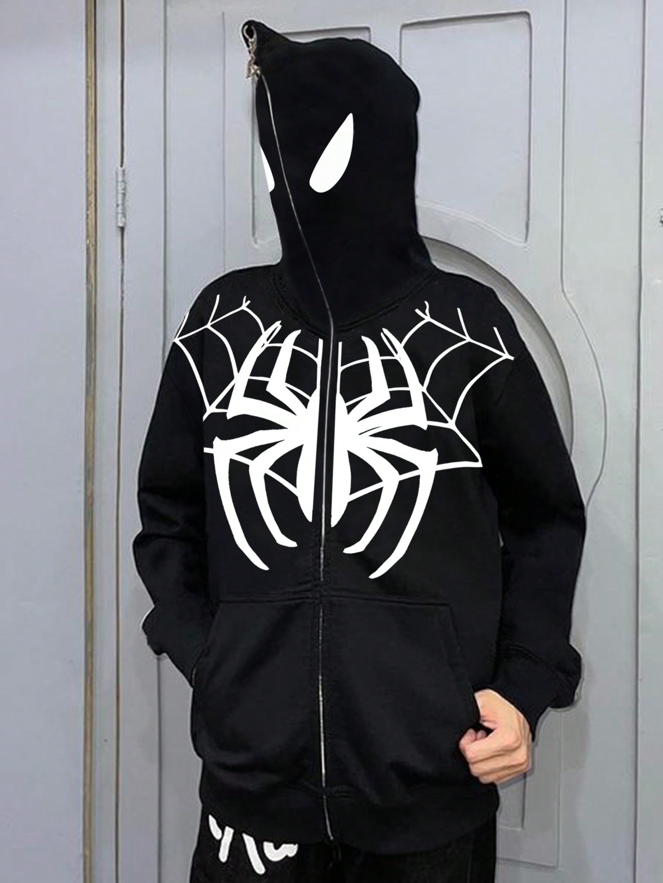 Manfinity Dauomo Men's Spider Print Long Sleeve Hoodie With Front Zipper, Casual Daily Wear