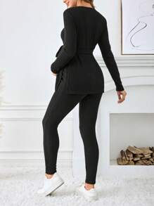 SHEIN Conjunto de jersey de punto acanalado de manga larga y unicolor para mujeres embarazadas