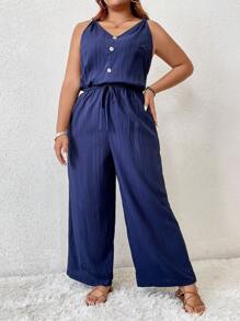 SHEIN Frenchy Plus Size Earthy Clothes Textured Crepe Cami Jumpsuit With Bow-Tie Waist And V-Neckline - Navy Blue - View 4
