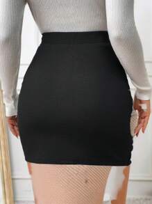 SHEIN Frenchy High Waist Tulip Hem Bodycon Cross Over Skirt, Ladies Elegant Wrap Mini Skinny High Waist Black Plain Women Skirts, Spring/Summer, Casual Daily Wear