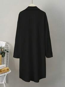 Omancia SHEIN LUNE Pleated Long Button Down Oversized Women Black Shirts,Teacher Shirts Fall Cloth For Women - Black - View 2