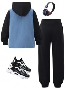 SHEIN 2pcs/Set Tween Girls Casual Patchwork Knit Sweatshirt And Jeans Jacket With Pants