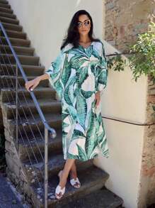 MOTF PREMIUM TROPICAL PRINT BATWING SLEEVE DRAWSTRING WAIST ABAYA - Multicolor - View 10