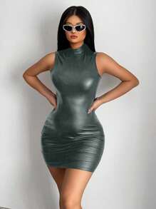 BamGleam 纯色立领无袖修身迷你连衣裙，休闲日常穿着 PU 皮革女装 - 灰色 - 查看 4