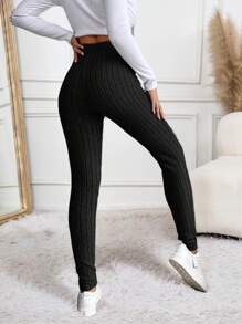 SHEIN Frenchy Solid Ribbed Knit Bodycon Leggings Black Summer Casual - Black - View 2