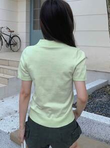 DAZY Women's Short Sleeve Polo Neck Knit Top