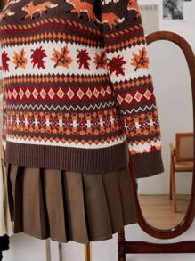 Flirla Suéter de punto con cuello redondo con estampado de zorro y hojas, talla grande, para otoño e invierno