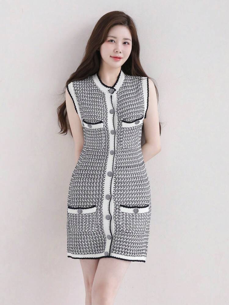 Women's Elegant Front Button Sleeveless Fitted Short Knitted Dress, Summer Women Sweater Dresses Plaid
