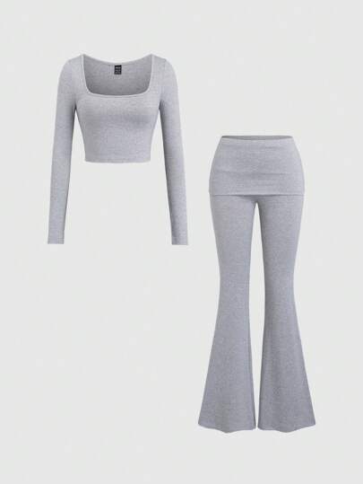 Lunelith SHEIN Lunessa 2pcs Casual Women Spring/Summer Solid Square Collar Long Sleeve T-Shirt And Flare Pants Set Fall Cloth For Women