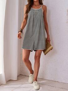 SHEIN LUNE Women's Summer Striped Print Spaghetti Strap Casual Jumpsuit