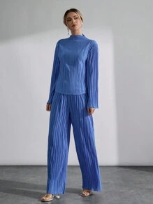 SHEIN Cottnline Pleated Solid Color Elegant Long Sleeve Blouse & Ruffled Hem Pants Set - Royal Blue - View 5