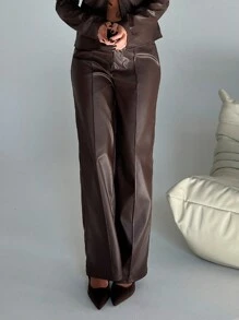 Aloruh 女士商务休闲开叉直筒 PU 皮裤 - 棕色 - 查看 5
