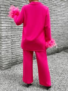 Maweii Plus Size Women's Feather Patchwork Long Sleeve Blazer And Jacket Set, Fashion Elegant Slim Fit - Hot Pink - View 2
