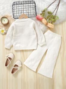 SHEIN Conjunto informal de 2 piezas para niñas jóvenes - Cardigan de punto de manga larga con escote en V blanco con 10 decoraciones de flores y pantalones de punto de pierna ancha, traje de corte holgado para niñas de 4 a 7 años, adecuado para uso casual, al aire libre, viajes, vacaciones, hogar, guardería, escuela, primavera, otoño, invierno