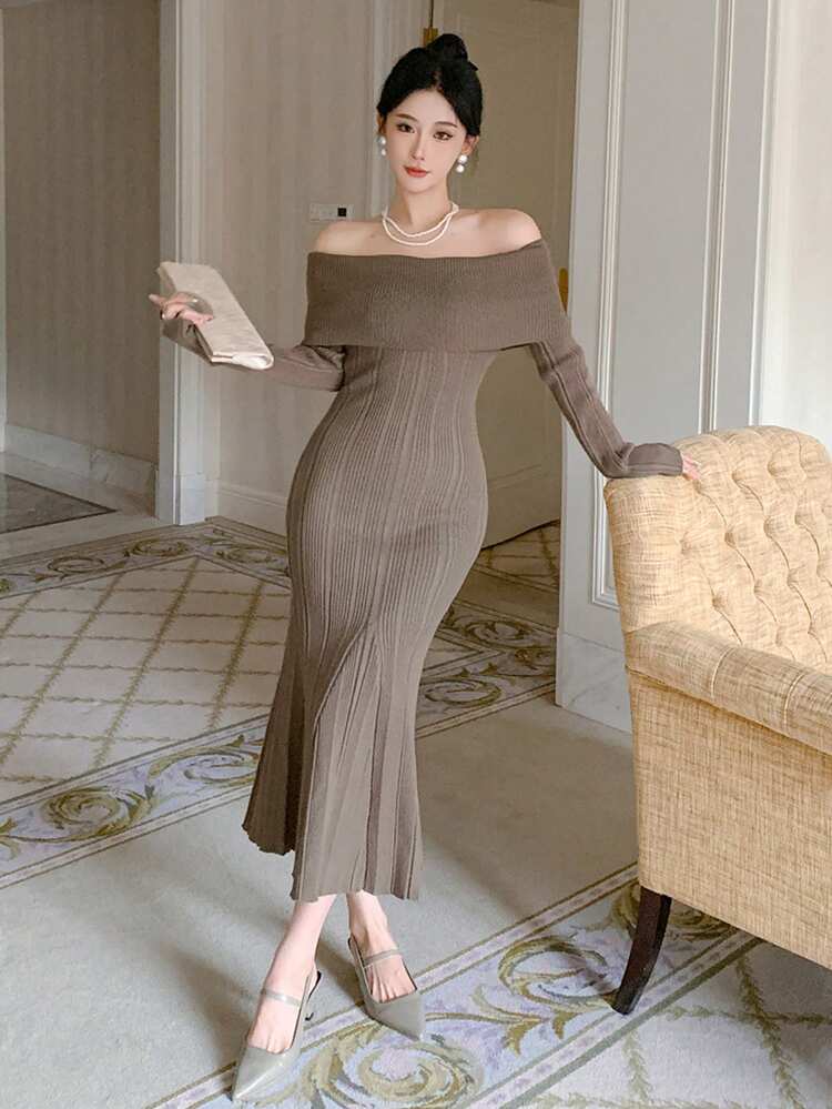 Women's Solid Color Simple Daily Off-Shoulder Bodycon Dress ,New Year Eve Off Shoulder Women Sweater Dresses Prom Dress