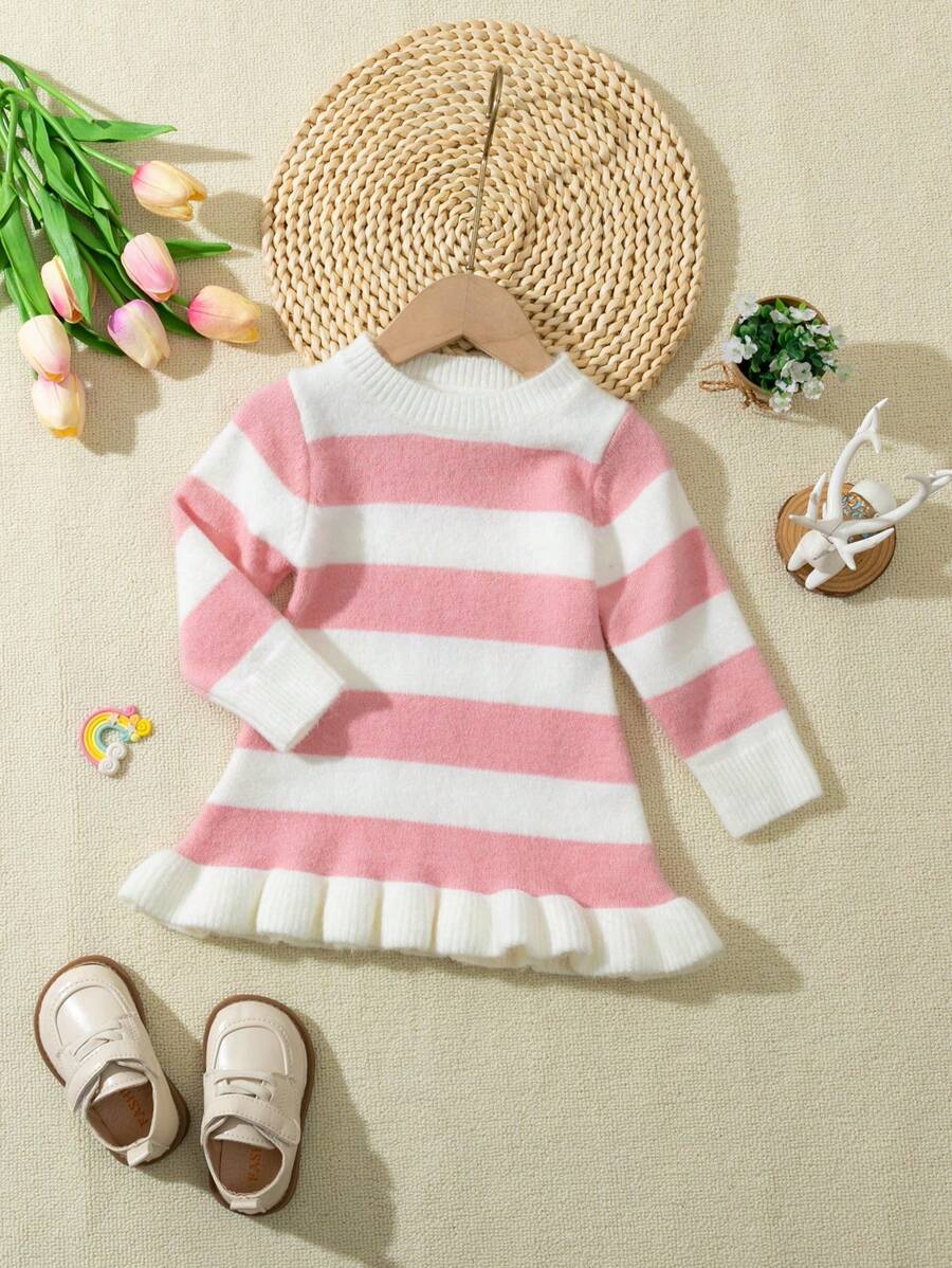 Baby Girl Long Sleeve Striped Mid-Length Mermaid Hem Sweater Dress, Pink And White Color Block, Suitable For Casual Wear, Home, Travel, And Party - White - View 1