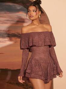 SHEIN Unity Mono de encaje marrón elegante sin hombros con mangas largas y sobrecapa de volantes - Marrón - Ver 4