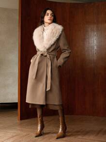 Anewsta Áo khoác dài tay có túi thắt lưng cổ lông, thích hợp cho mùa thu/đông - Màu Khaki - Xem 3