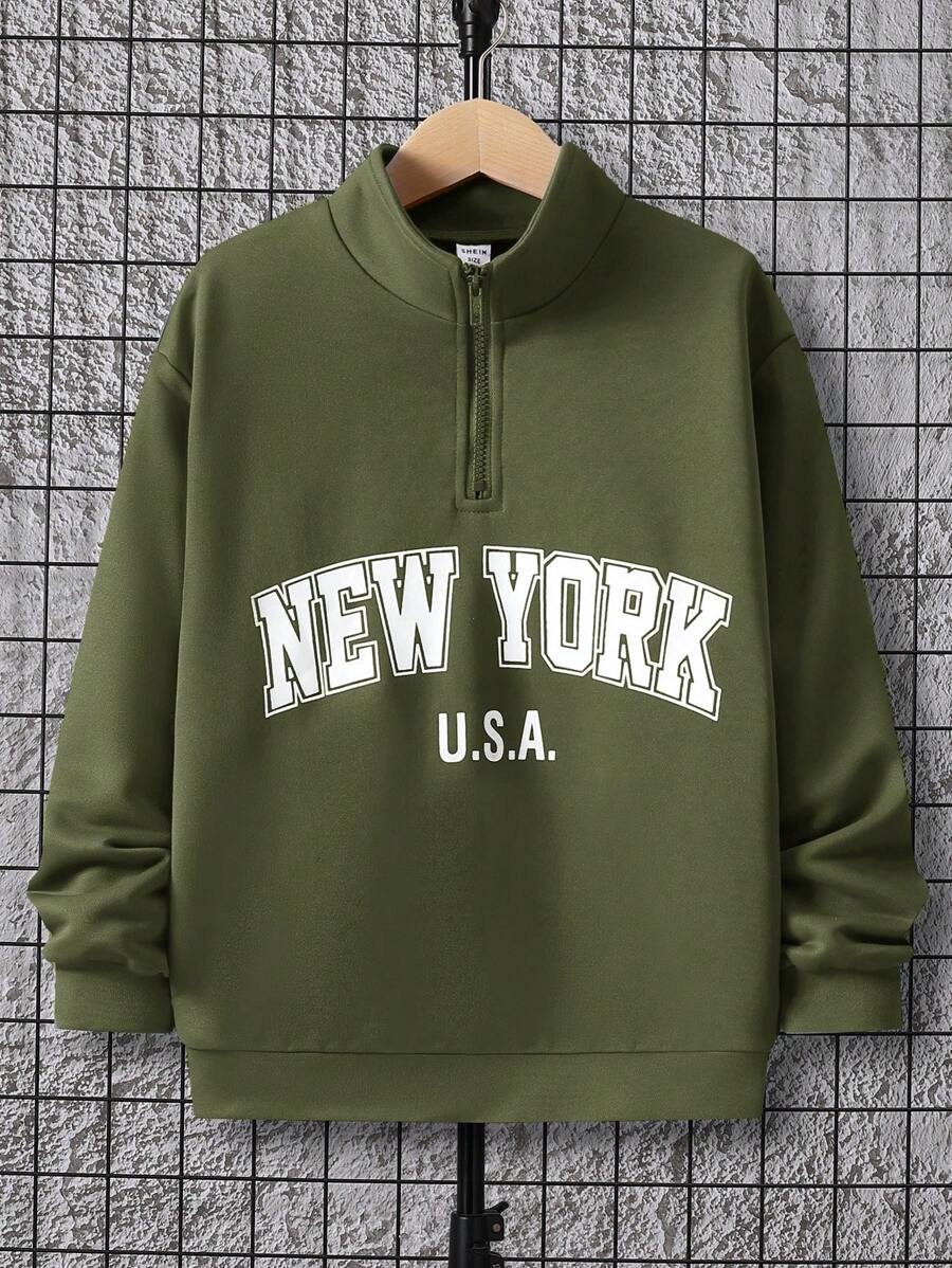 SHEIN 1件青少年男童休闲宽松舒适印花半拉链立领长袖卫衣 - 軍綠色 - 查看 1