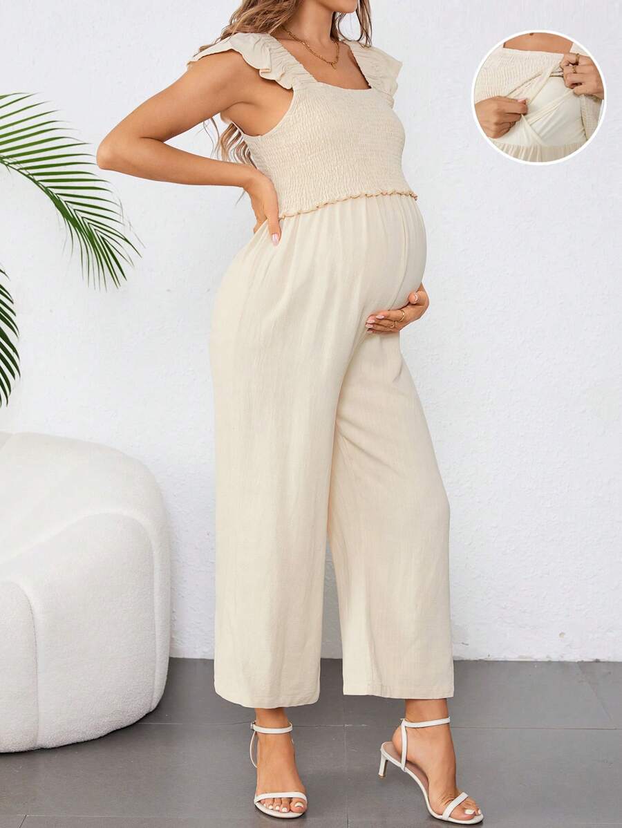 SHEIN Maternity Collared Ruffled Sleeve Long Fit Nursing Jumpsuit