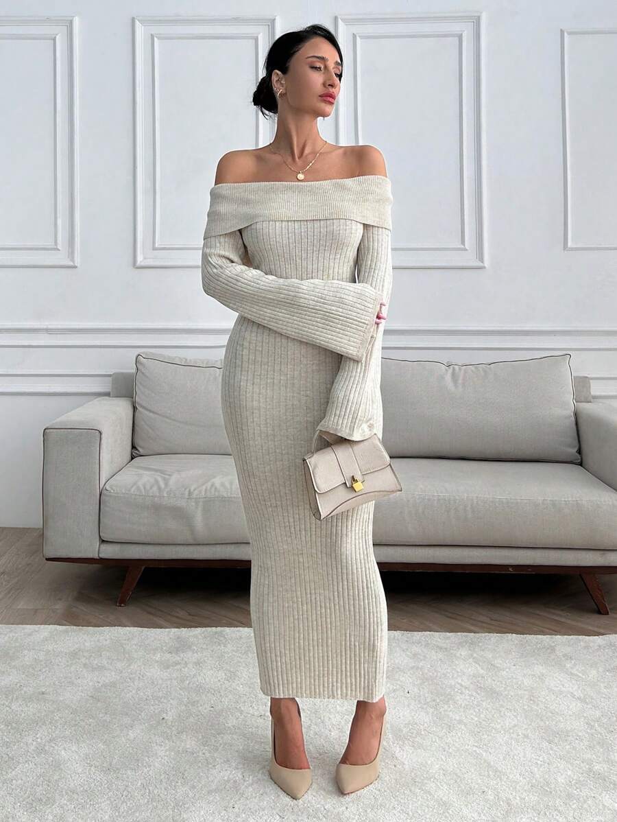 EURMUSE Off Shoulder Sweater Maxi Dress - Apricot - View 1