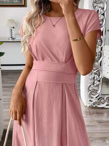 Chiquease 女士純色短袖圓領夏季連衣裙 - 藕粉色 - 查看 6
