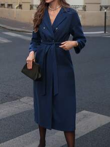 Chiquease Elegant Long Woolen Coat With Lapel, Suitable For Fall/Winter - Navy Blue - View 4