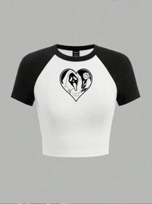 SHEIN EZwear 休闲简约骷髅头印花撞色圆领短袖紧身加大码 T 恤，夏季棉混纺 - 黑與白 - 查看 2
