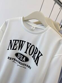 SHEIN 2pcs Tween Girl Loose Leisured Minimalist Campus Style Fashion Letter Print Oversized Sweatshirt And Pleated Skirt Set - White - View 4