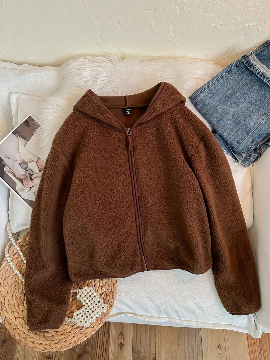 SHEIN LUNE Brown Hooded Long Sleeve Zip-Up Fuzzy Cardigan For Women, Warm & Cozy - Brown - View 1