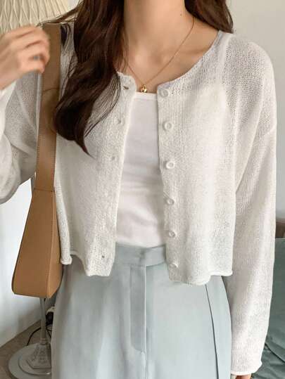 DAZY Casual Solid Color Open Front Cropped Cardigan, Spring Summer