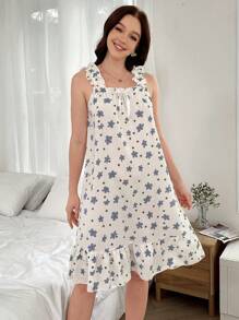 Ruched Butterfly Decor Bubble Print Dây đeo rộng Váy ngủ lãng mạn - Nhiều màu - Xem 3