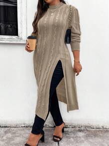 EMERY ROSE pull décontracté pour femme grandes tailles, col montant, manches longues, fendu à l'ourlet, coloris unicolore, pour l'hiver - Kaki - Voir 5