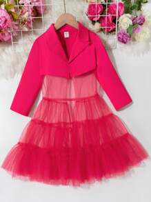 Chaqueta de manga larga con cuello rojo, dobladillo de malla, linda y juguetona, moda nueva para niñas jóvenes, conjunto a juego diario regular mamá e hija (2 piezas se venden por separado)