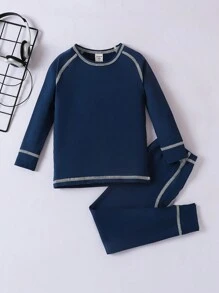 Young Boy Simple Solid Navy Blue Long Sleeve Thermal Underwear Set With Long Pants, Winter