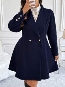 Flirla Plus Size Women's Solid Color Simple Everyday A-Line Jacket, For Winter - Navy Blue - View 1